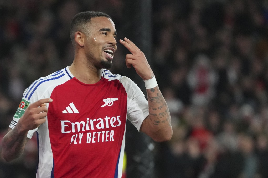 Arsenal’s Gabriel Jesus, celebrates after completing his hat-trick against Crystal Palace at the Emirates Stadium. Photo: AP
