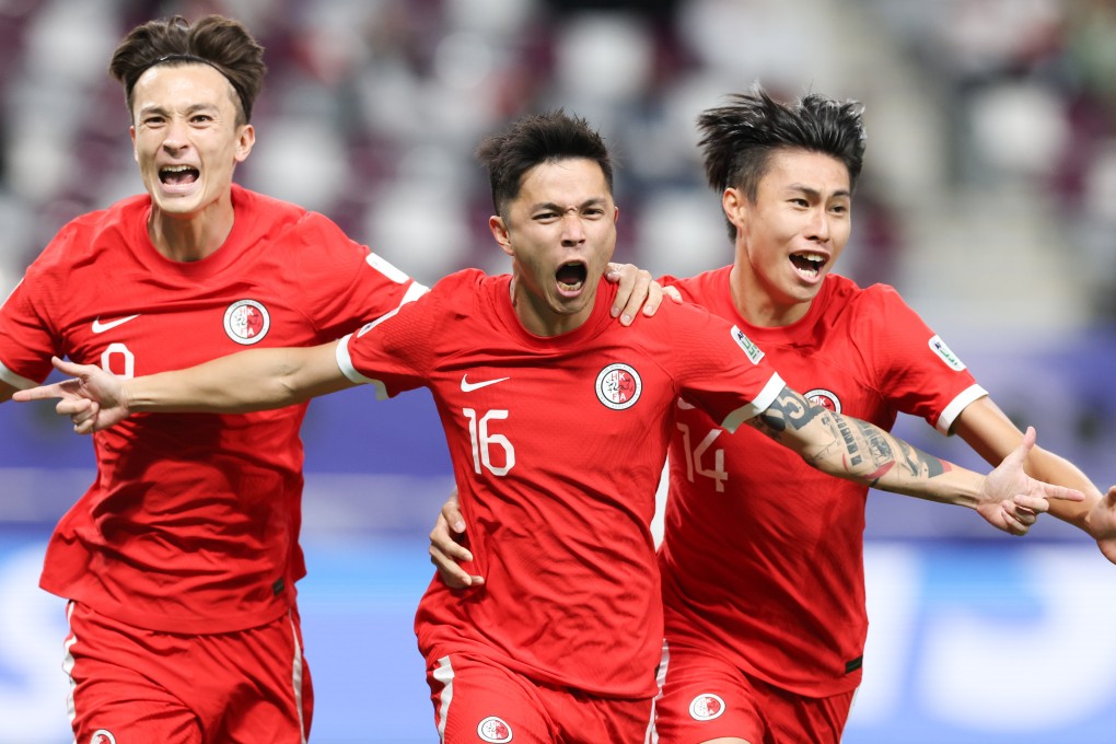 Philip Chan (centre) celebrates scoring for Hong Kong against the United Arab Emirates in this year’s AFC Asian Cup. Photo: Xinhua
