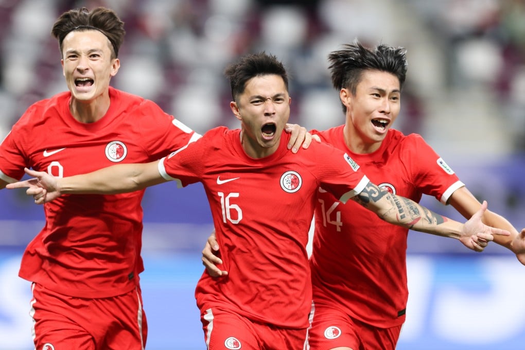 Philip Chan (centre) celebrates scoring for Hong Kong against the United Arab Emirates in this year’s AFC Asian Cup. Photo: Xinhua