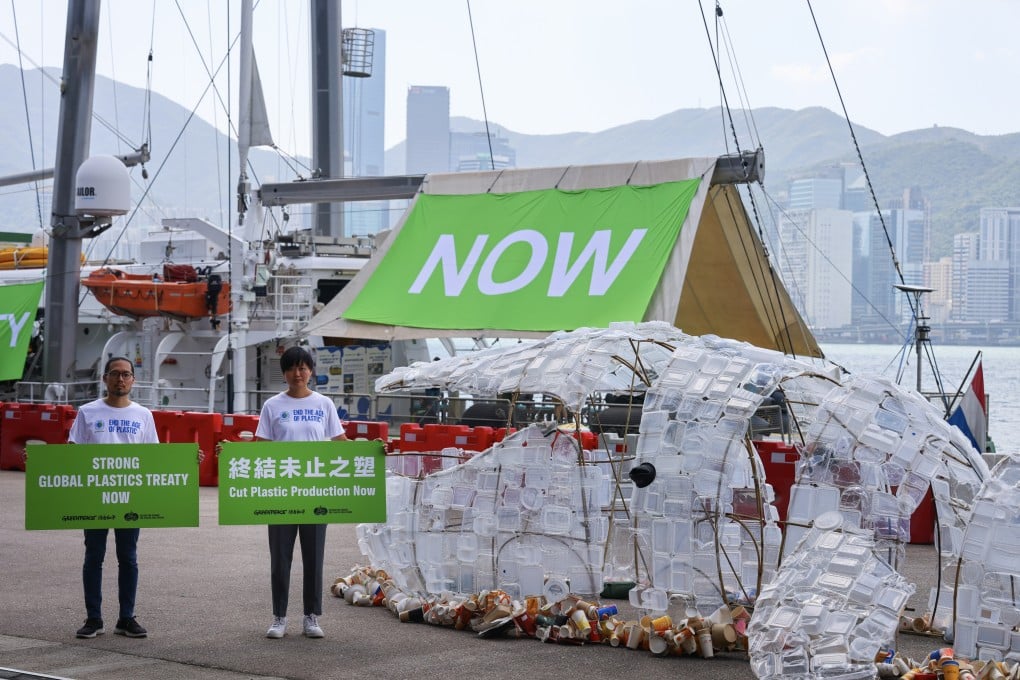 Greenpeace campaigners calling for a cut in plastic production at the Kai Tak Cruise Terminal on October 19. Its survey found that 97 per cent of the waste collected from two ecologically important riverbanks is plastic. Photo: Dickson Lee