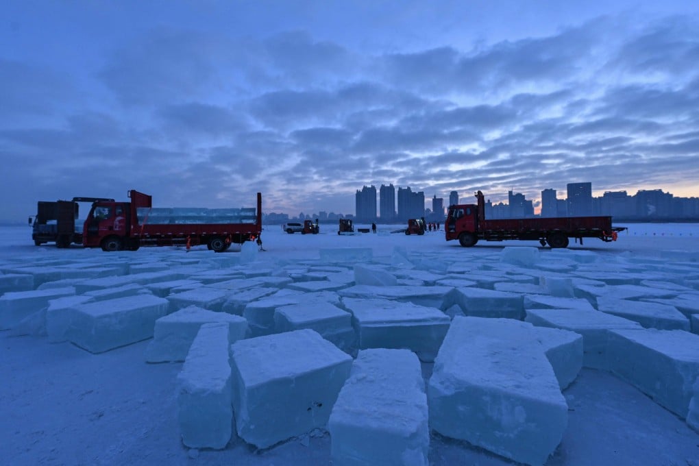 Ice blocks harvested from the frozen Songhua River for the annual Harbin Ice and Snow World festival in Harbin, Heilongjiang province, China. Photo: AFP