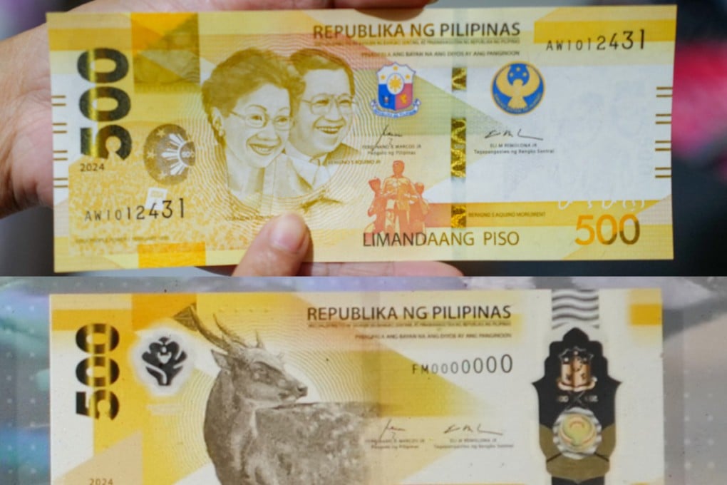 Current 500 Philippine-peso banknotes featuring the late opposition leader Benigno Aquino Jnr and his wife, former president Corazon Aquino, and the new notes featuring the Visayan spotted deer on the front. Photo: Jeoffrey Maitem