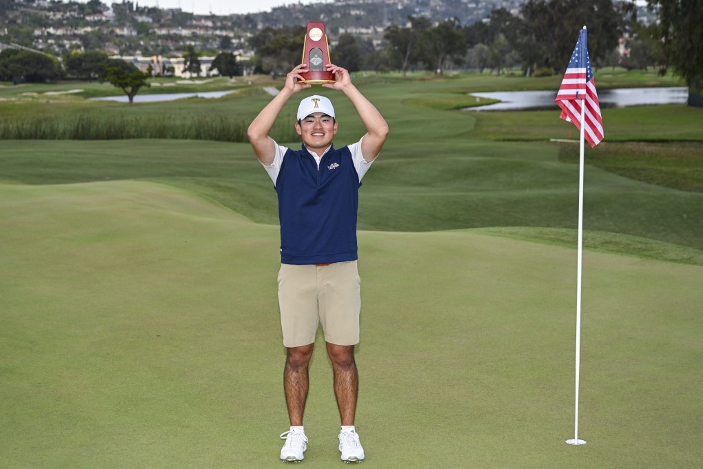 Hiroshi Tai of Georgia Tech with the trophy after winning the NCAA D1 Men’s Golf Championship at the Omni La Costa Resort & Spa in May in Carlsbad, California. Photo: Getty Images