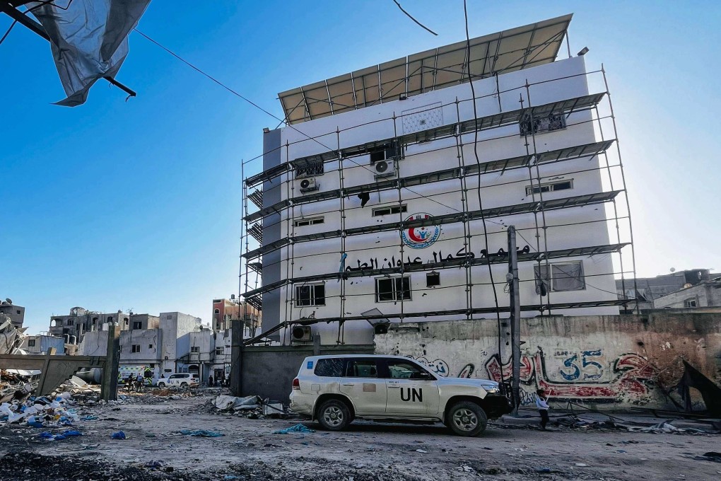 UN-branded vehicles are parked at the Kamal Adwan Hospital in the northern Gaza Strip. Photo: AFP