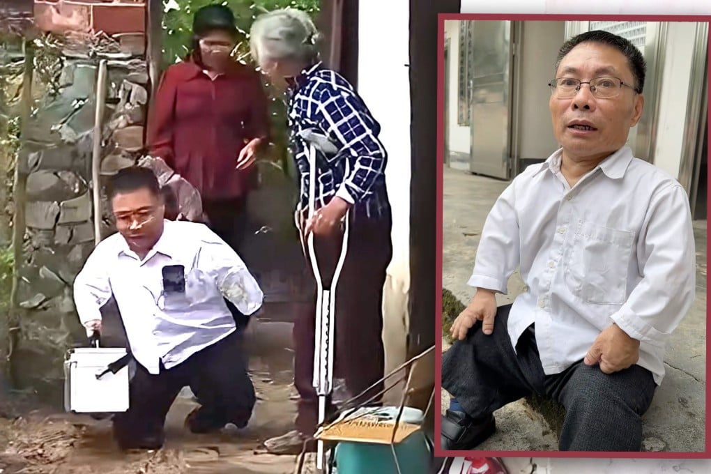 A dwarf doctor in China has to rely on his wife to carry him on her back to house calls, impressing people on social media. Photo: SCMP composite/Douyin