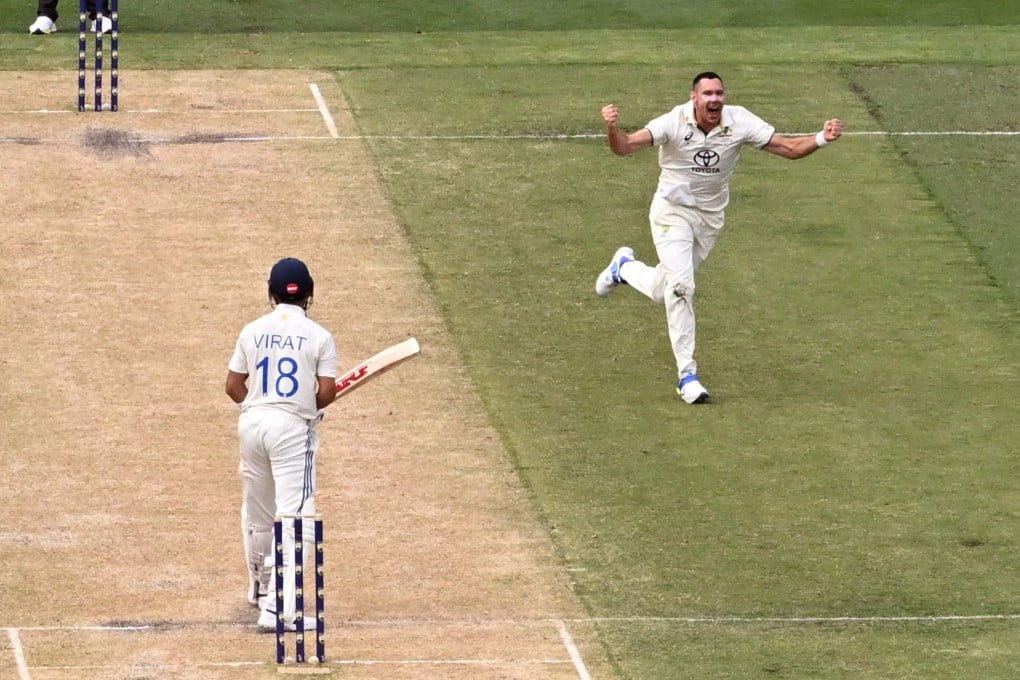 Australian bowler Scott Boland (right) celebrates dismissing Indian batsman Virat Kohli on the second day of the fourth Test at the Melbourne Cricket Ground on Friday. Photo: AFP