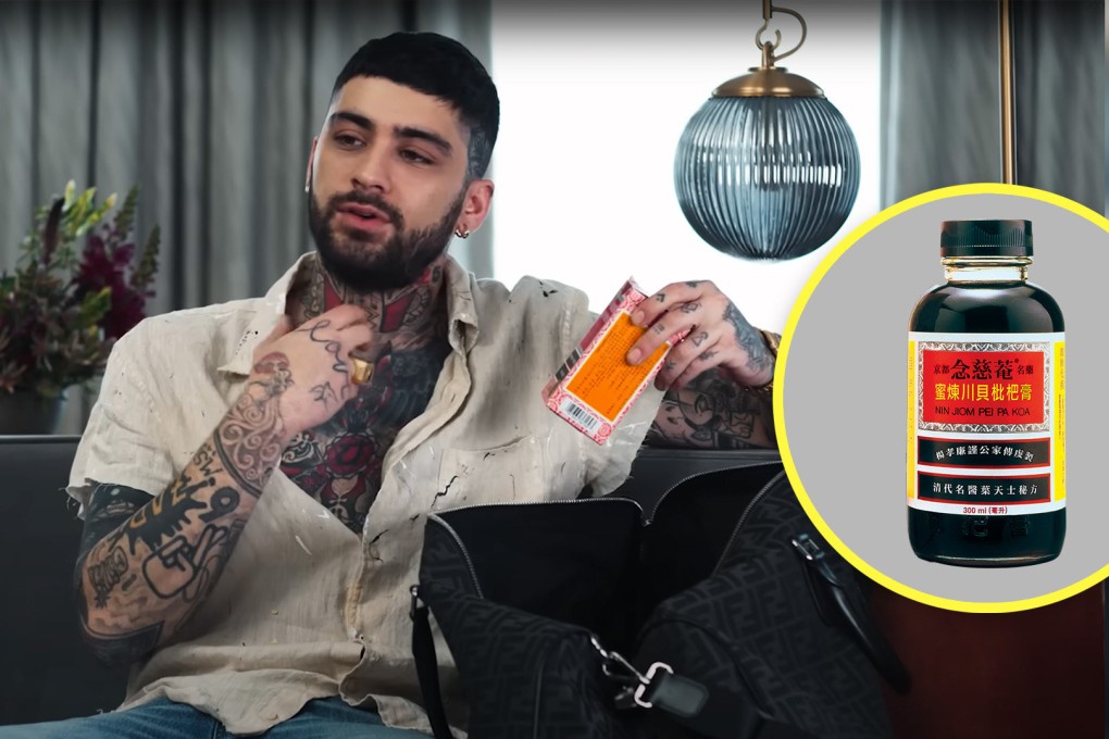 Ex-One Direction band member Zayn Malik praises Nin Jiom Pei Pa Koa, a Chinese herbal syrup, as an “elixir” for his voice in an interview with British Vogue in June 2024. Photo: SCMP composite/YouTube (@British Vogue)/Ninjiom.com