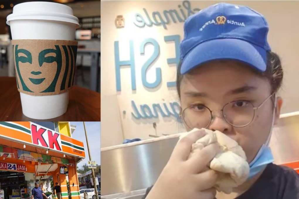 Upper left: Starbucks suffered financial losses after being targeted by a viral boycott campaign for its alleged support of Israel. Photo: Getty Images/TNS. A KK Super Mart store in Puchong, Kuala Lumpur. Photo: AP
Bottom left: Right: A video showing Alice Chang from Malaysia kissing a piece of dough went viral. Photo: YouTube/funniesvideo