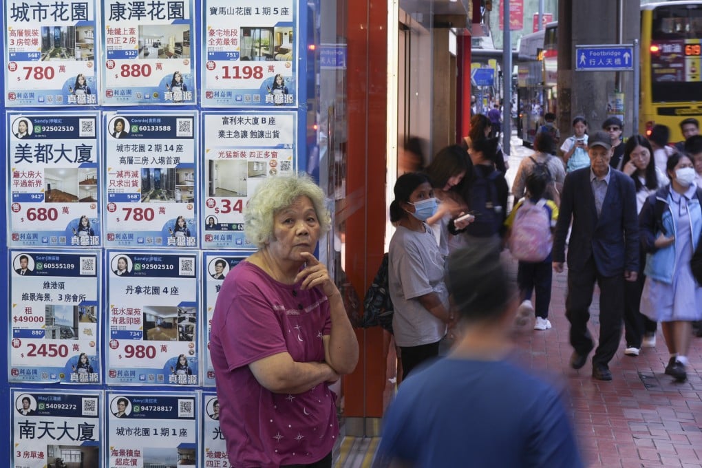 Property listings are displayed on the window of a real estate agency. Hong Kong’s home prices rose in November. Photo: Eugene Lee