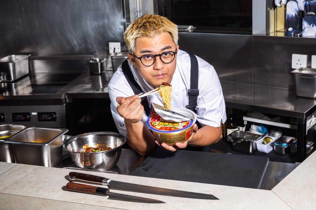 Hong Kong chef Frankie Wong of Ankôma takes a break from service to indulge in a pot noodle. Photo: Jocelyn Tam
