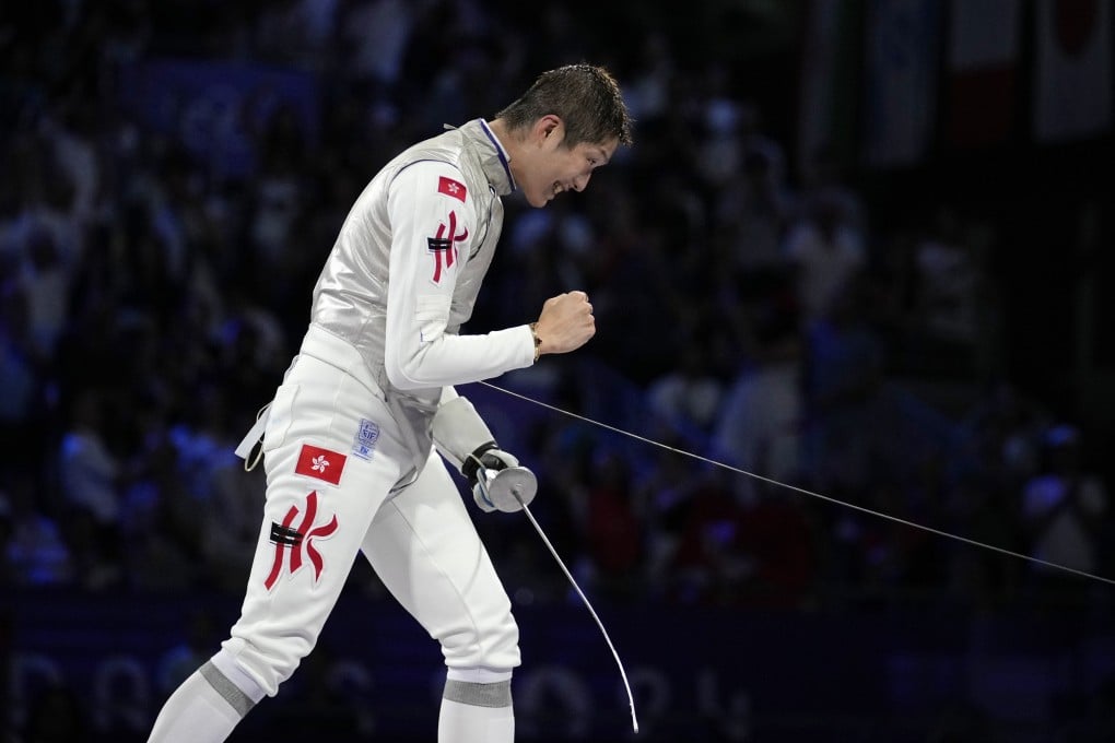 Hong Kong fencer Cheung Ka-long celebrates after winning gold in the men’s individual foil in Paris. Photo: AP