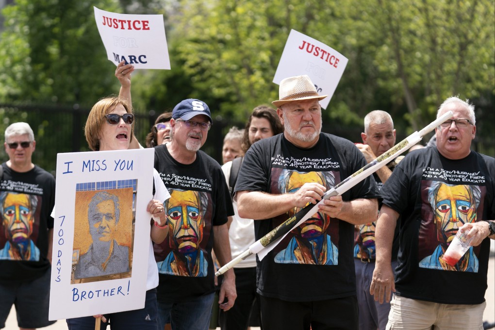 Relatives of Marc Fogel, who has been detained in Russia since August 2021, rally outside the White House for his release, in 2023. The US government on Friday said Fogel has been designated wrongfully detained. Photo: AP
