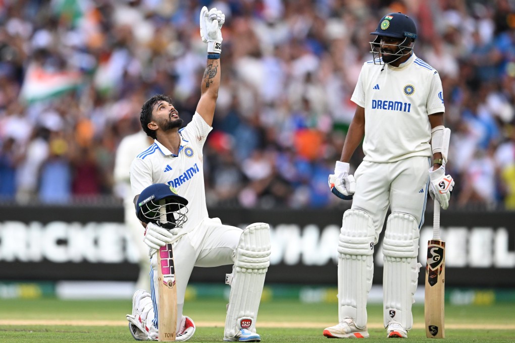 India’s Nitish Kumar Reddy (left) acknowledges the moment after making a century during day three of the fourth Test against Australia at the Melbourne Cricket Ground on Saturday. Photo: EPA-EFE