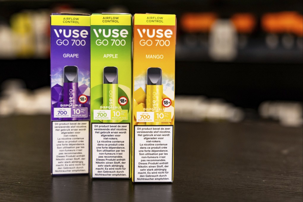 Flavored varieties of disposable electronic cigarette devices are on display in a shop in Brussels ahead of Belgium’s ban on the sale of disposable vapes on January 1st. Photo: AP