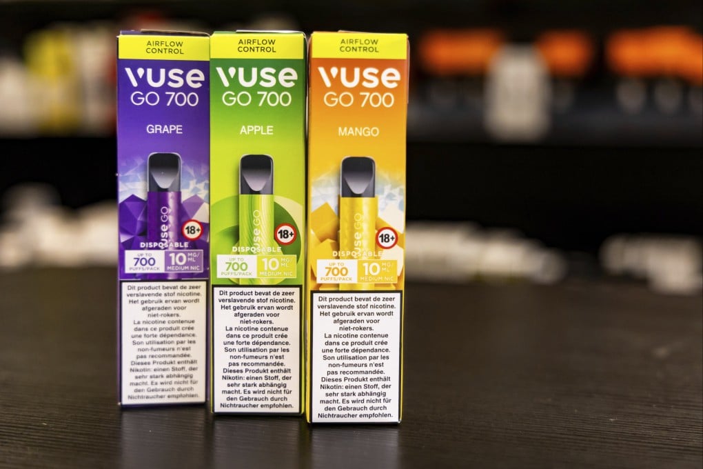 Flavored varieties of disposable electronic cigarette devices are on display in a shop in Brussels ahead of Belgium’s ban on the sale of disposable vapes on January 1st. Photo: AP