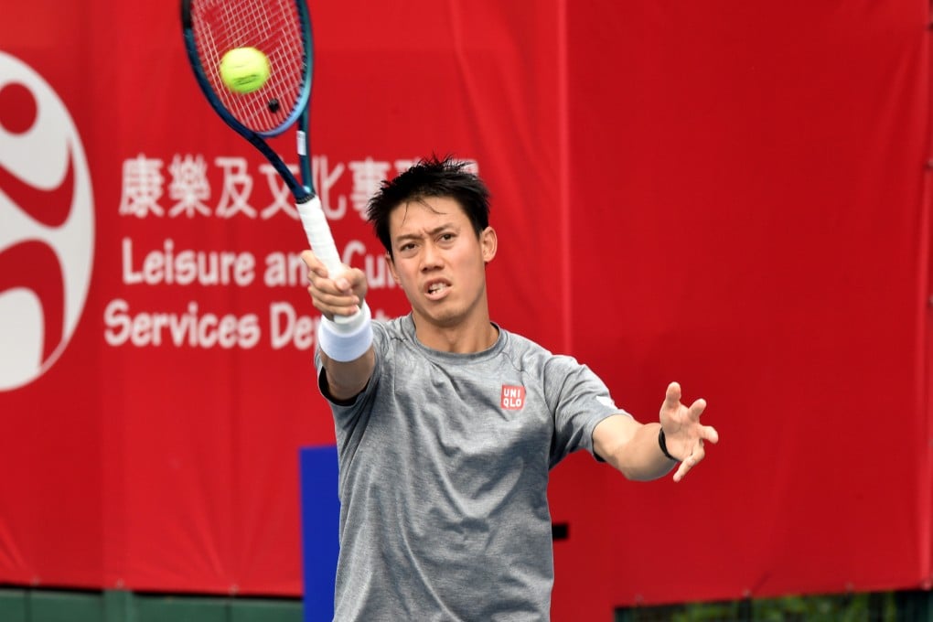 Kei Nishikori on the practice courts at the Bank of China Hong Kong Tennis Open. Photo: Xinhua
