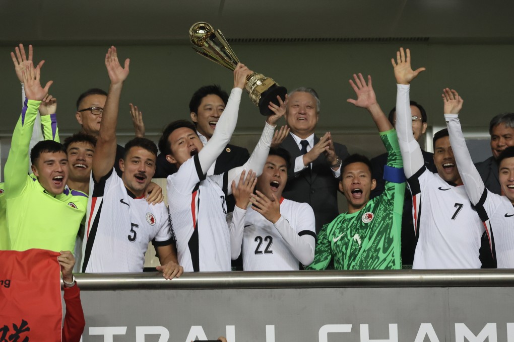 Hong Kong’s players celebrate after beating Guam to qualify for the 2025 EAFF finals. Photo: Dickson Lee