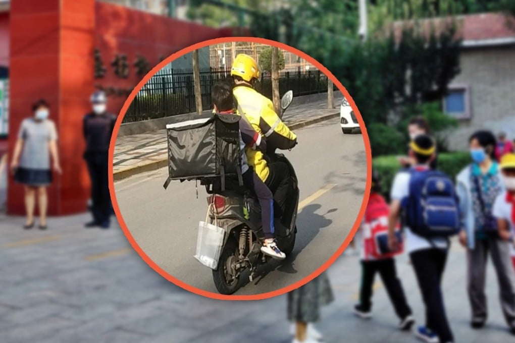 Growing numbers of parents in China are hiring couriers and delivery drivers to take their children to school, sparking safety concerns. Photo: SCMP composite/The Paper/Douyin