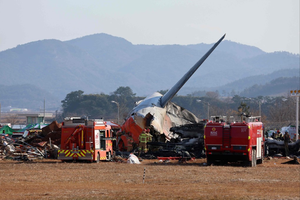 The tail section of the Jeju Air plane that crashed at South Korea’s Muan airport. Photo: AFP/Yonhap
