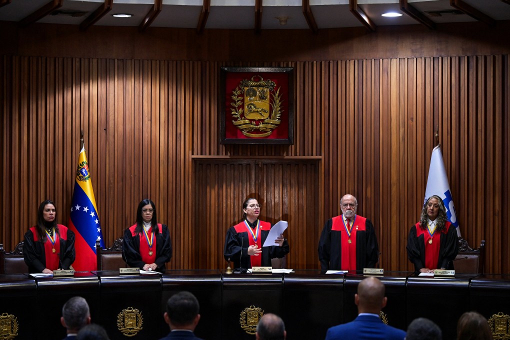 Venezuela’s President of the Constitutional Chamber of the Supreme Court of Justice Tania D’Amelio, centre, reads a statement imposing a fine on TikTok at the Supreme Court of Justice in Caracas, Venezuela on Monday. Photo: Reuters