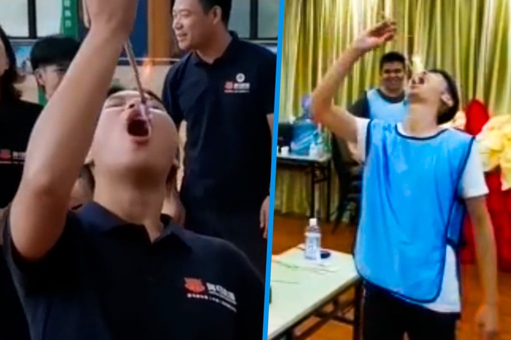 A company in China has been criticised for making staff eat fire as part of a team-building exercise. Photo: SCMP composite/Douyin