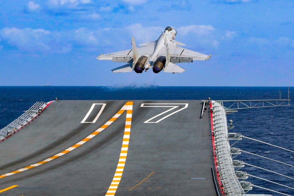 A PLA fighter jet takes off from the Shandong aircraft carrier during combat readiness patrol and military exercises in April 2023. Photo: Xinhua via AP