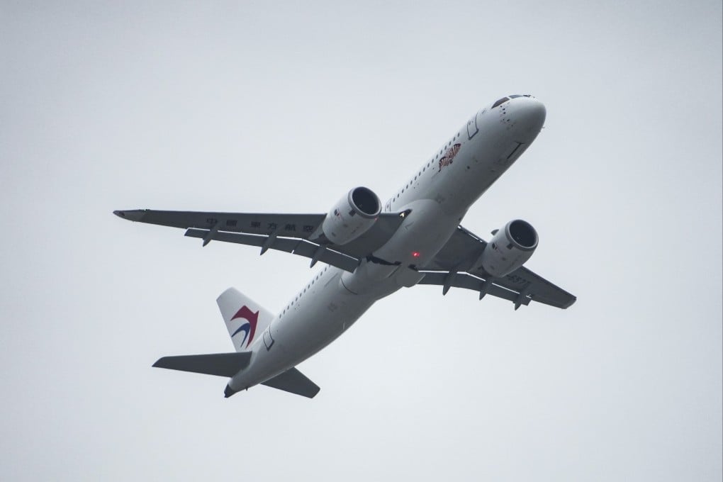 The C919, China’s first domestically developed narrowbody passenger jet, takes flight at Hong Kong International Airport, marking the plane’s first day of commercial scheduled flights outside the mainland. Photo: Eugene Lee
