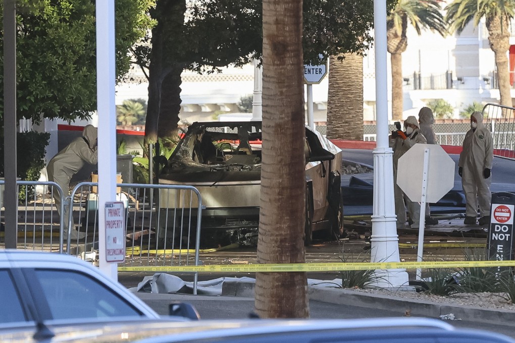 Investigators photograph a Tesla Cybertruck that exploded outside the lobby of President-elect Donald Trump’s hotel. Photo: AFP