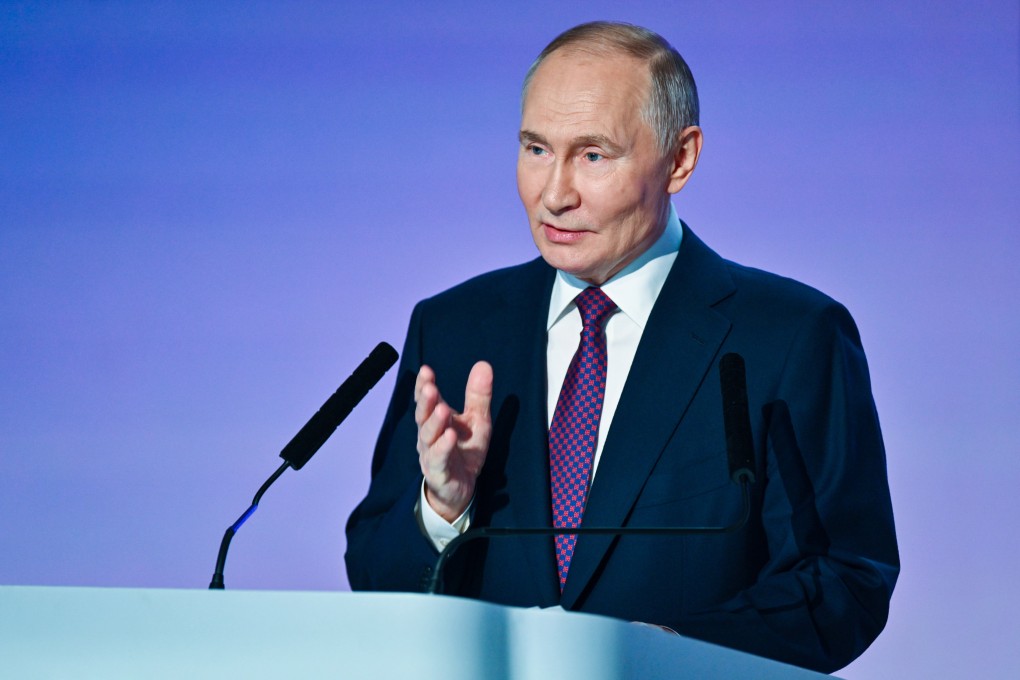 Russian President Vladimir Putin addresses the AI Journey tech conference in Moscow on December 11. Putin has called for more cooperation with China to develop the technology. Photo: EPA-EFE