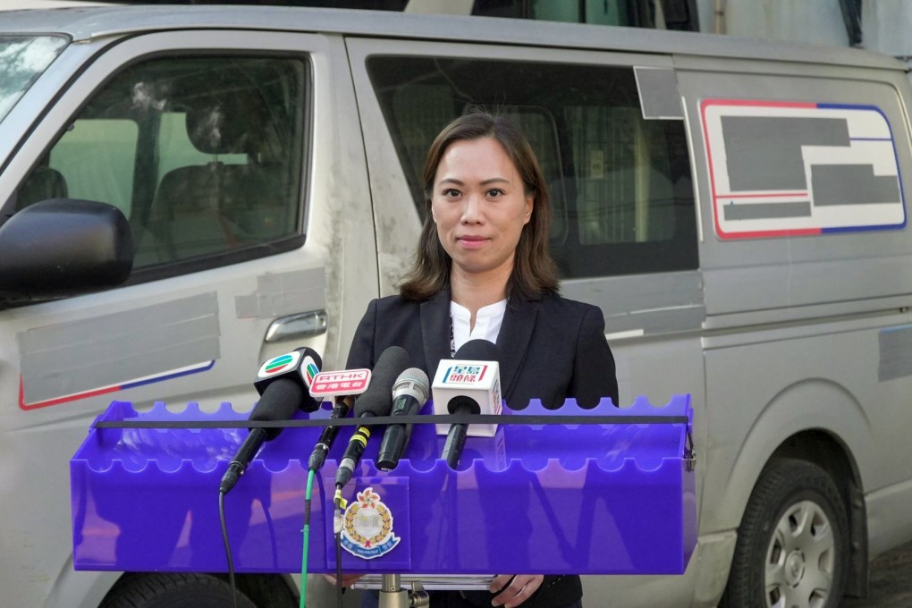 Acting chief inspector Lai Ma-yan briefs the media on the arrest, with the van involved in the case behind her. Photo: Handout