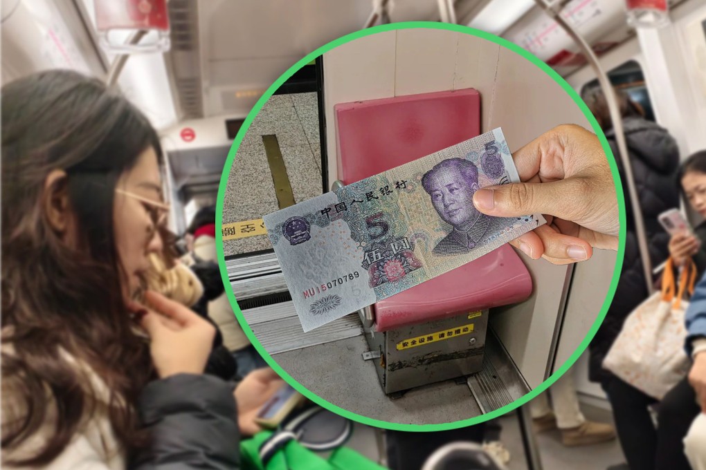 A man in China has caused much amusement online for offering seat-saving service during Shanghai subway rush hours for 70 US cents. Photo: SCMP composite/Shutterstock/Xiaohongshu