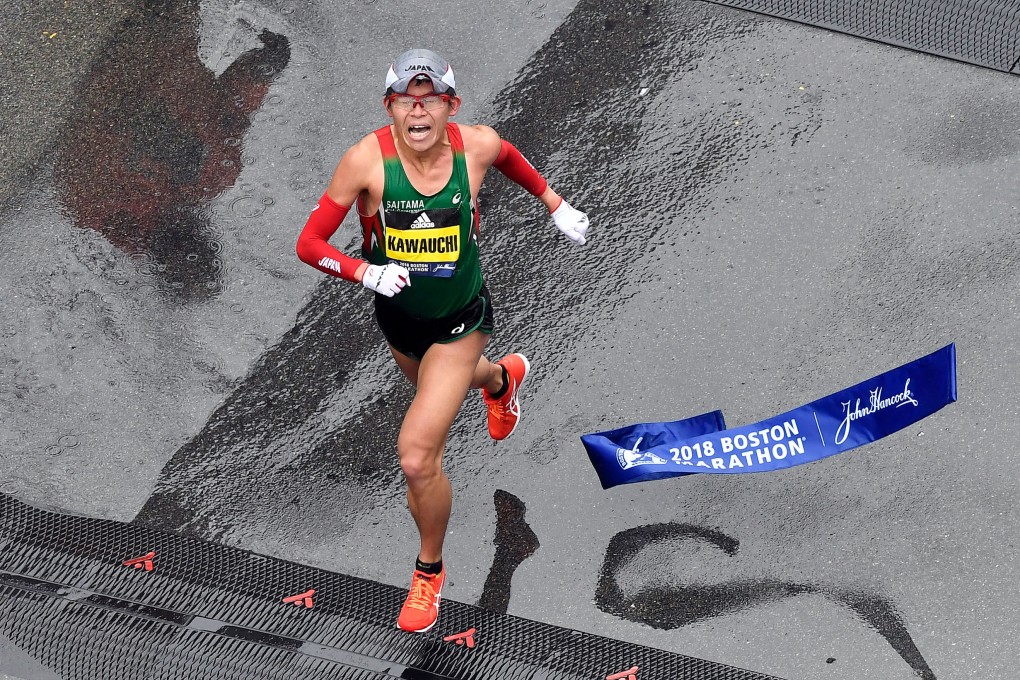 Japan’s Yuki Kawauchi crosses the finish line of the 2018 Boston Marathon, winning the men’s division. Photo: Brian Fluharty-USA TODAY Sports