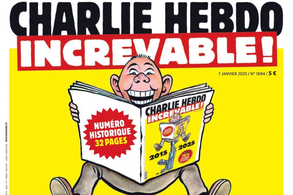 French satirical weekly Charlie Hebdo shows the front-page of its special edition to mark ten years since an attack on its offices by Islamist gunmen that decimated its staff. Photo: Handout/Charlie Hebdo/AFP