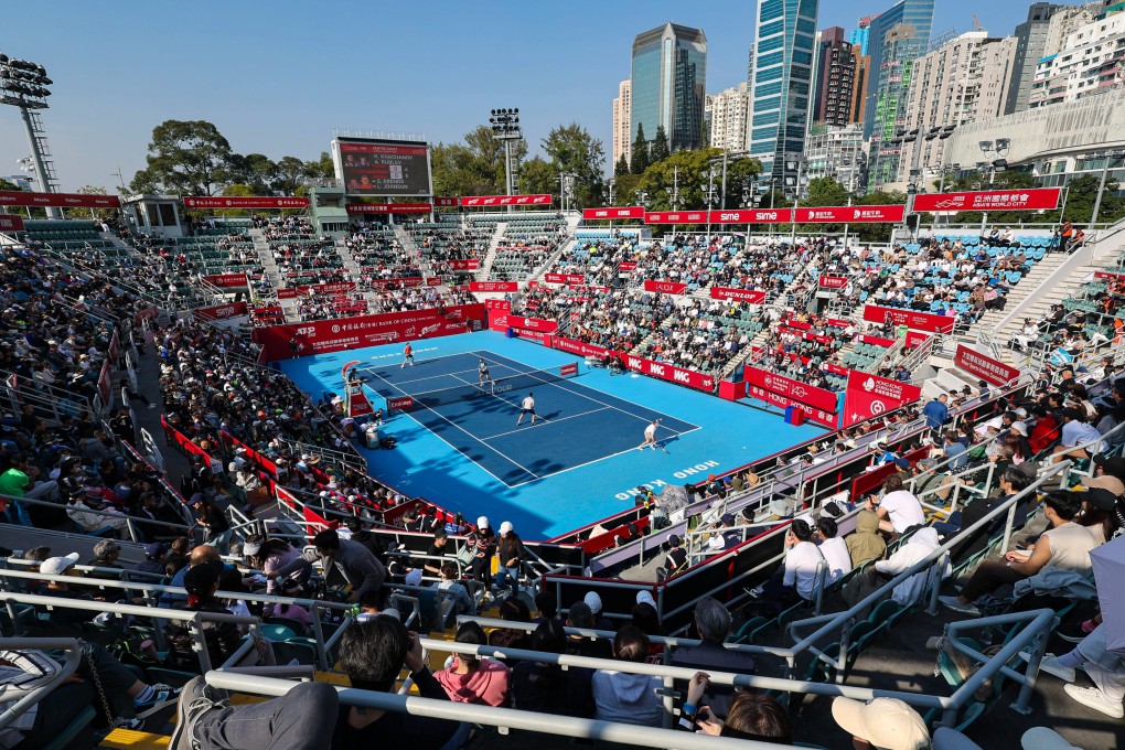 Karen Khachanov and Andrey Rublev take on Sander Arends and Luke Johnson in the Bank of China Hong Kong Tennis Open doubles final at Victoria Park Tennis Stadium. Photo: Dickson Lee