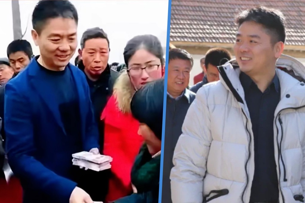 A billionaire in China gifts cash and gifts to the villagers in his hometown who helped fund his university education decades ago. Photo: SCMP composite/Douyin
