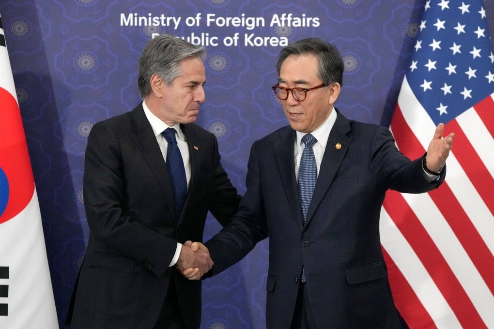 US Secretary of State Antony Blinken (left) shakes hands with South Korean Foreign Minister Cho Tae-yul during their meeting in Seoul on Monday. Photo: AFP