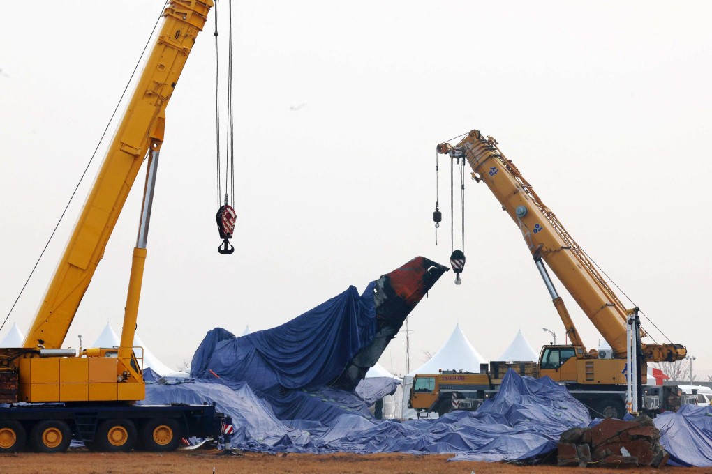 Tarpaulin shrouds the wreckage of the Jeju Air Boeing 737-800 aircraft, which on December 29 crashed and burst into flames at Muan International Airport. Photo: Yonhap/AFP
