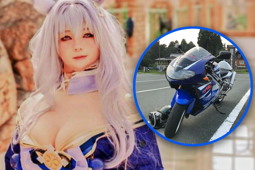 Social media sleuths in Japan have helped a couple find their stolen motorbike after a buxom cosplayer flaunts the stolen property online. Photo: SCMP composite/X