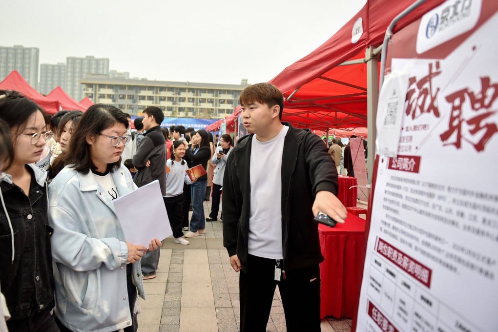 Students attend a November job fair in China’s Anhui province. The nation’s youth-unemployment rate for those aged 16-24 has reflected a weakened job market in recent years. Photo: AFP