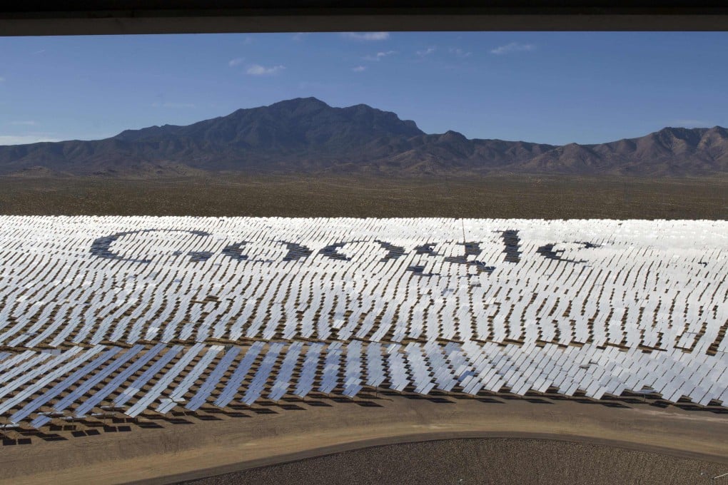 Google spelled out in heliostats at a joint project solar energy farm in the Mojave Desert near the California-Nevada border in 2014. Tech giants must take responsibility for their climate impact worldwide, rather than simply exporting their climate impact abroad. Photo: Reuters
