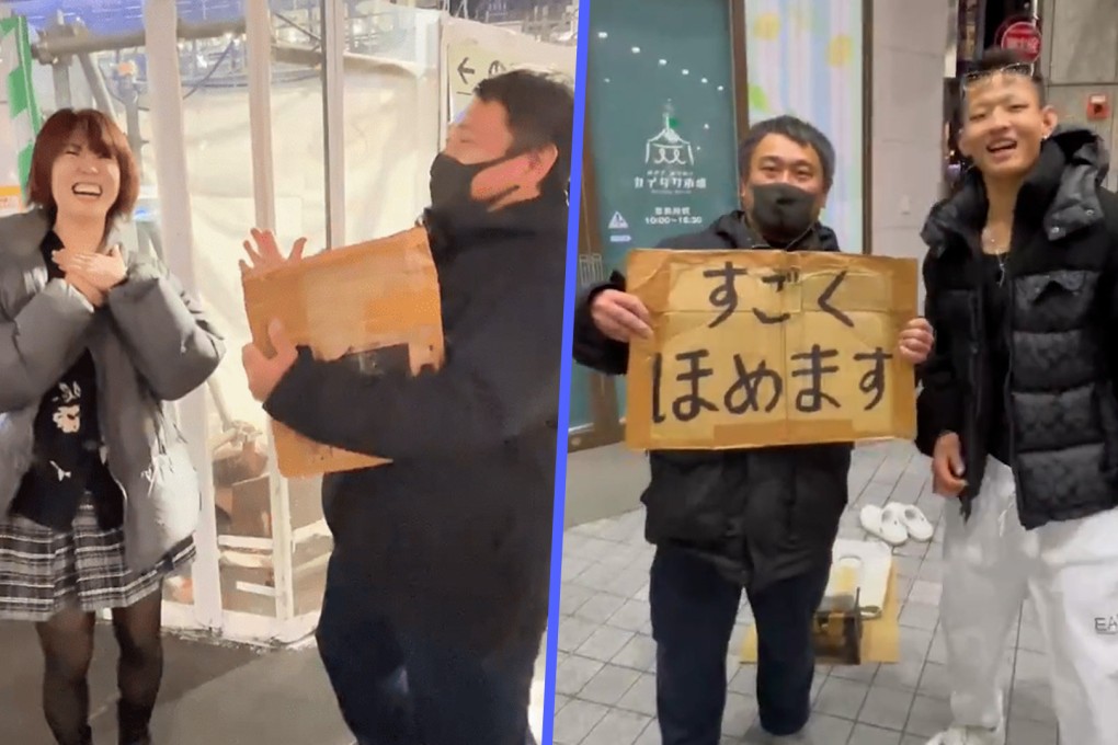 An indebted and homeless man in Japan earns money by randomly praising people in the street for cash. Photo: SCMP composite/TikTok/X