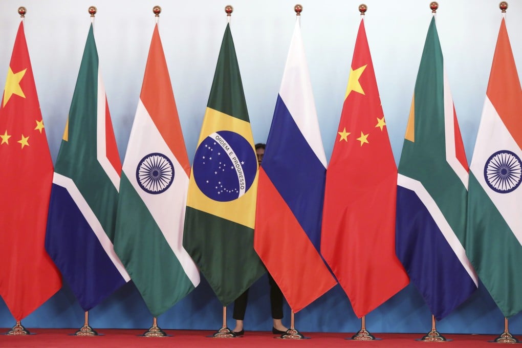 The flags of Brics nations Brazil, Russia, China, South Africa and India. Photo: AP