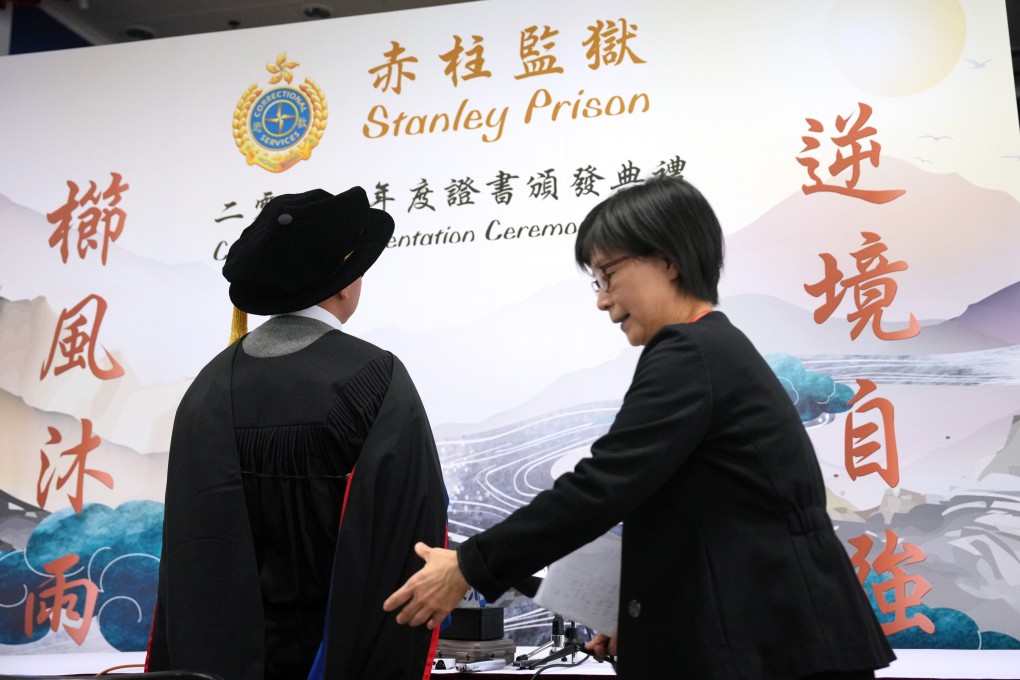 Inmate Chun receives his doctoral degree at a graduation ceremony held in Stanley Prison. Photo: May Tse