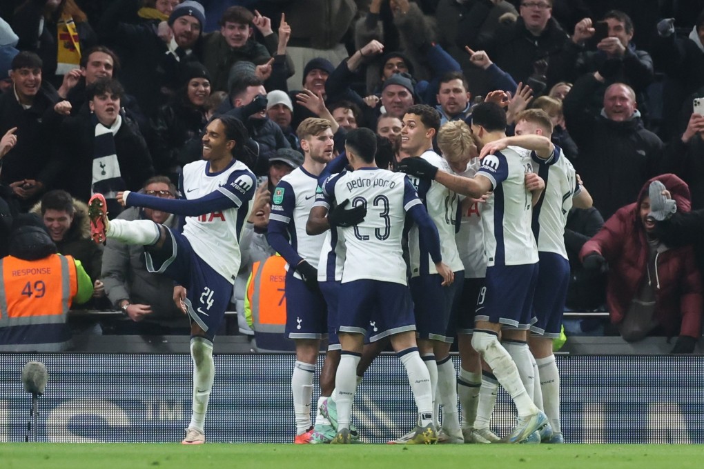 Tottenham players celebrate after Lucas Bergvall’s goal, which will see them take a lead to Anfield for their EFL Cup semi-final second leg. Photo: EPA