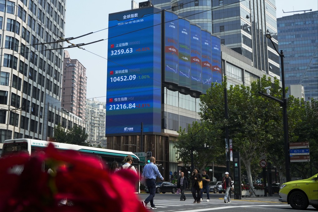 Pedestrians pass by an electronic board showing stocks and indexes outside a commercial office building in Shanghai in October 2024. AP Photo