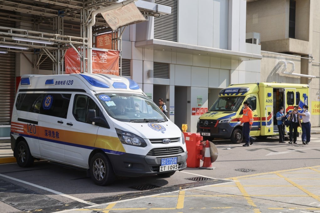 The ambulance from the University of Hong Kong-Shenzhen Hospital is parked at the accident and emergency department at Tuen Mun Hospital. Photo: Jelly Tse