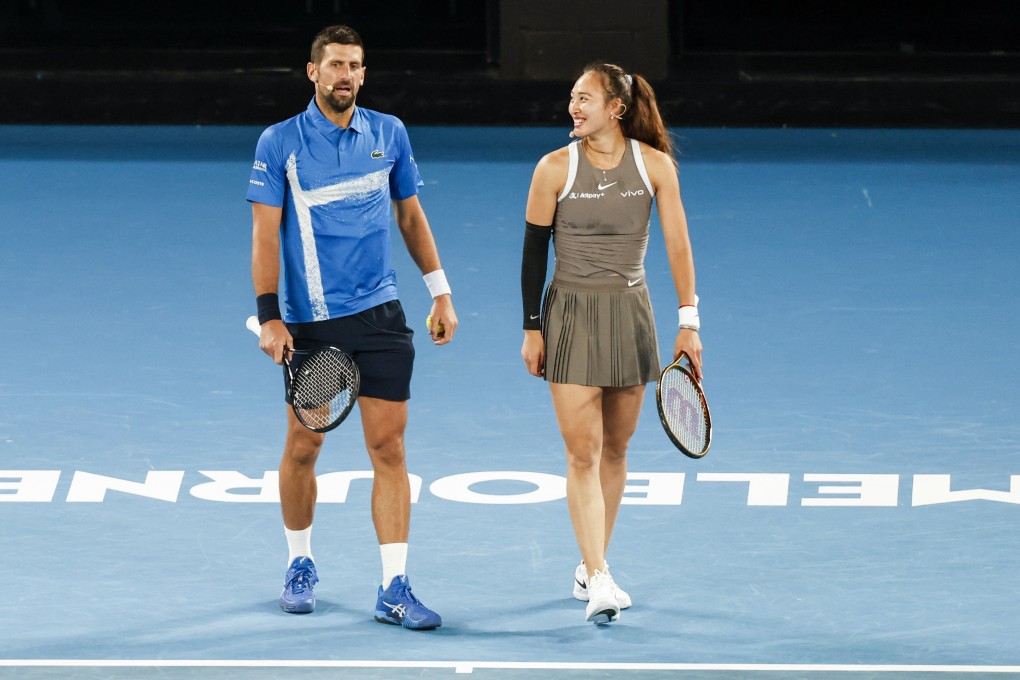 Novak Djokovic and China’s Zheng Qinwen during the “A Night With Novak” charity match against Andy Murray of Britain and Victoria Azarenka of Belarus in Melbourne on Thursday. Photo: Xinhua