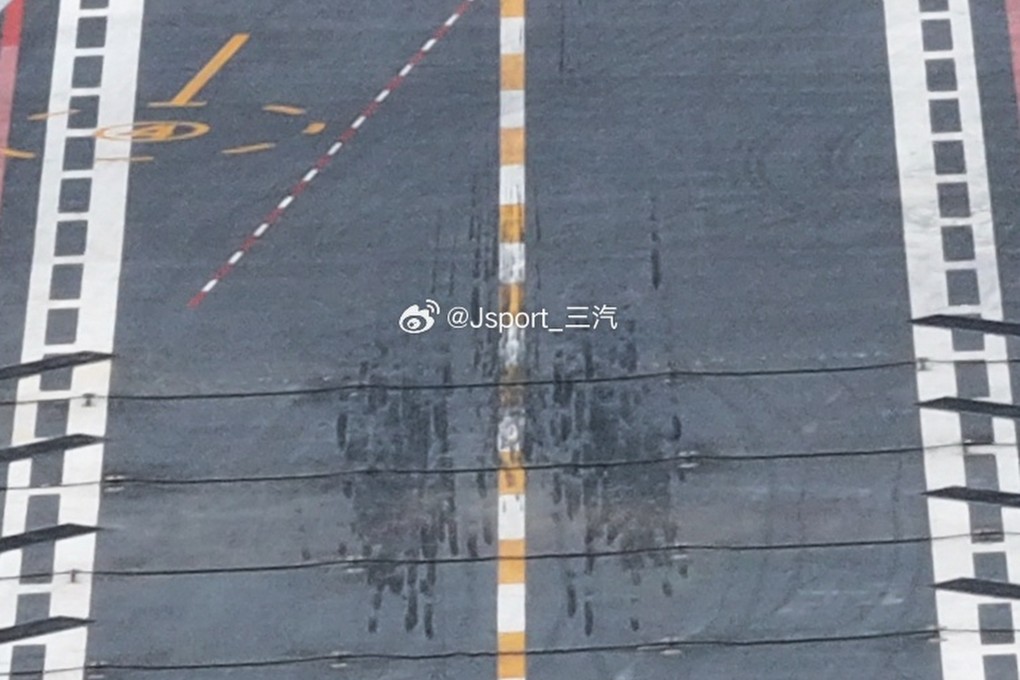 Tyre marks on the deck of the Fujian after its latest sea trial. Photo: Weibo/ Jsport