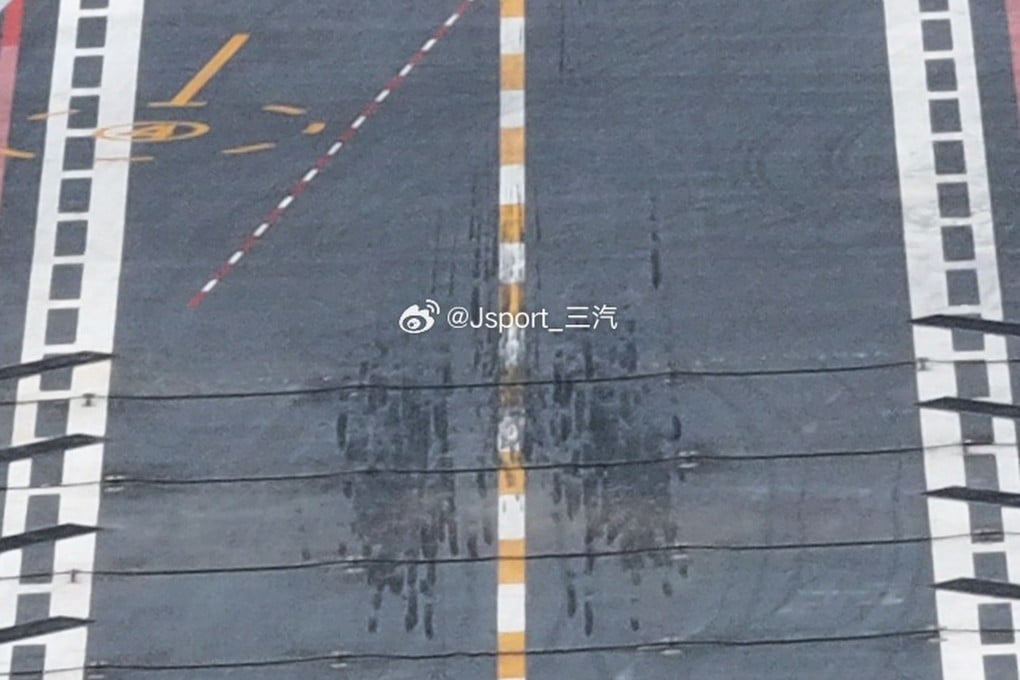 Tyre marks on the deck of the Fujian after its latest sea trial. Photo: Weibo/ Jsport