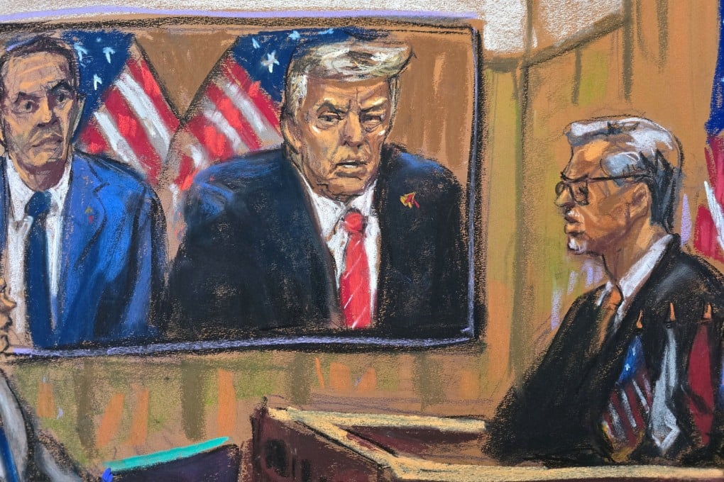 New York Judge Juan Merchan sentences US president-elect Donald Trump as he appears remotely alongside his lawyer Todd Blanche in Manhattan on Friday. Courtroom sketch: Jane Rosenberg via Reuters